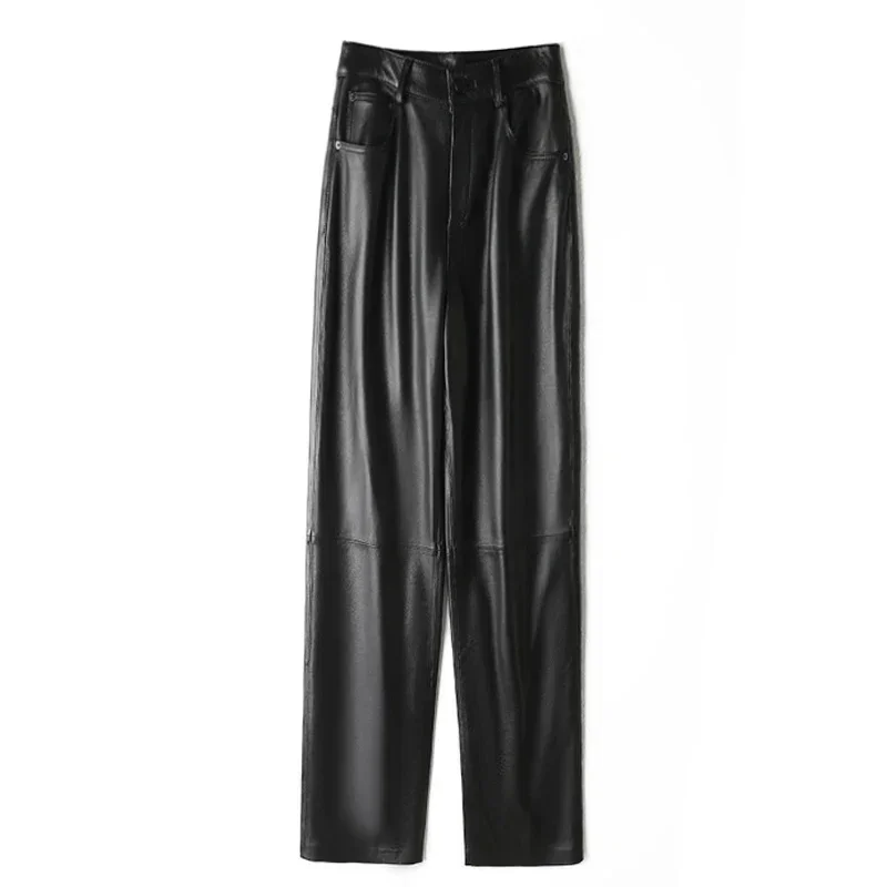 Women Real Leather Pencil Pants Fashion Minimalist High Waisted Diagonal Pocket Long Pants Slim Straight Tube Pantalones