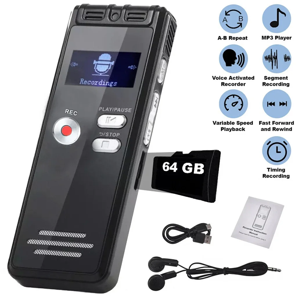 64G Digital Voice Recorder mini Voice Activated Recorder Playback MP3 Music Player with Mic HD Recording Timing Recording