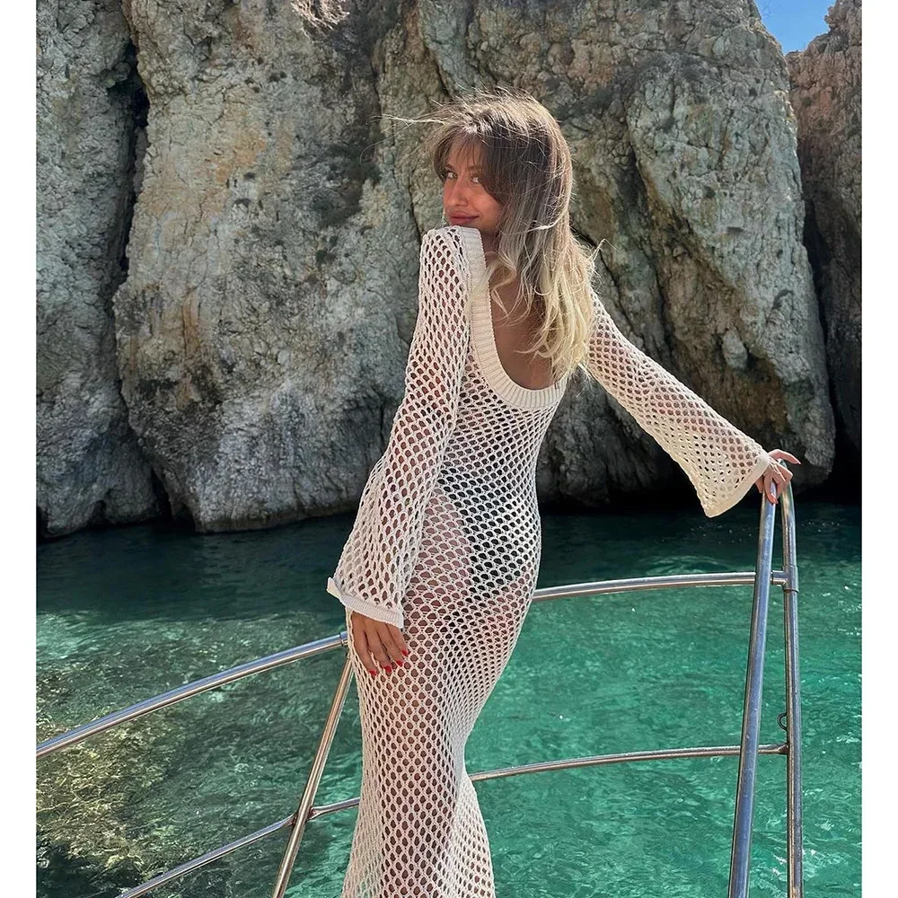 2023 biquinis cover-ups de malha sexy ver através da praia cobrir manga longa maxi bodycon vestido de verão elegante oco para fora beacwear