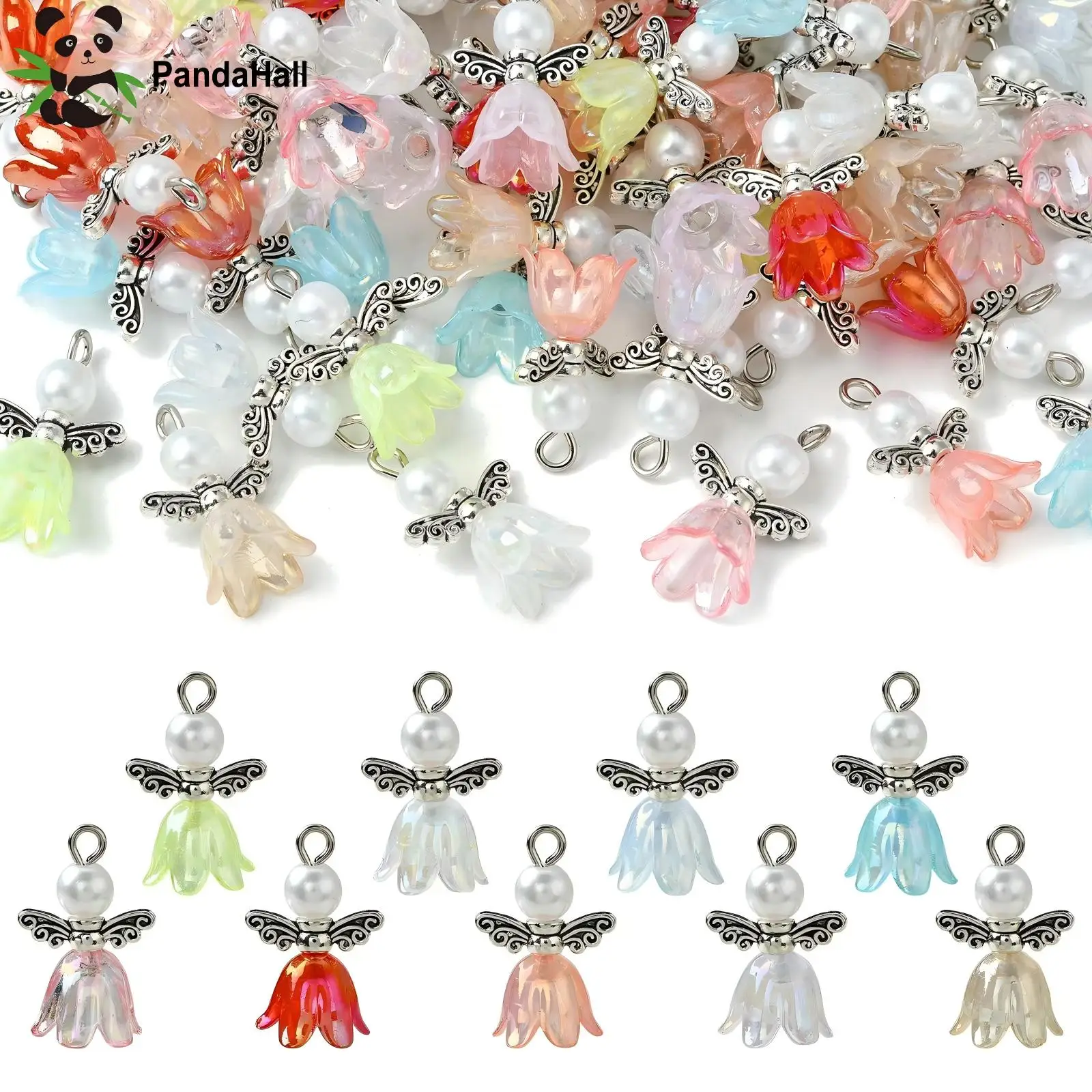 Pandahall 90pcs Mixed Colors Acrylic Angel Charms Fairy Charms with Tibetan Style Wings for Necklace Earring Making