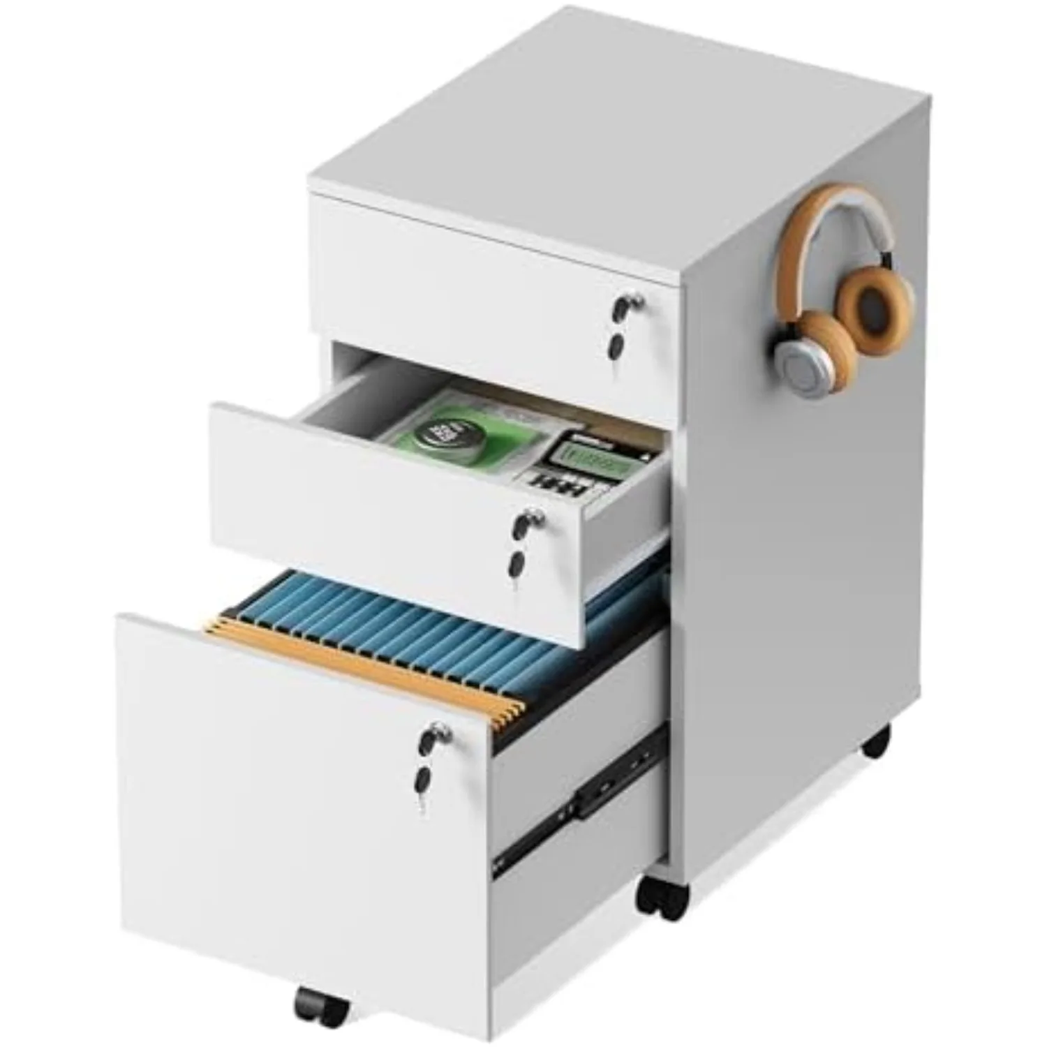 3 Drawer File Cabinet with Upgrade to 3 Individual Lock & Wheels | Wood Filing Cabinet for Home Office, Mobile Printer