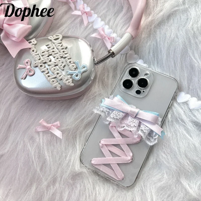 Dophee Original Sweet Girls Silk Ribbon Bow Lace Phone Case Iphone 14 15 16Promax Y2k Transparent Apple Phone Cover Soft Shell