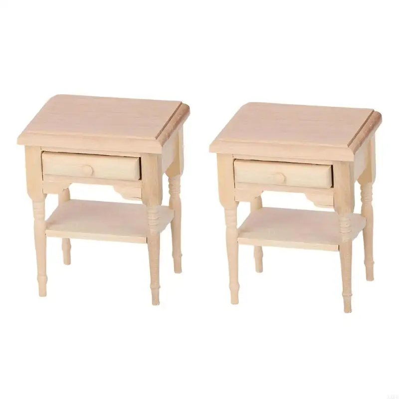 

2pcs 1:12 Scale Dollhouse Unpolish Wooden Miniature Bedside Tables Doll House Living Room Mini Cabinet Nightstand Models