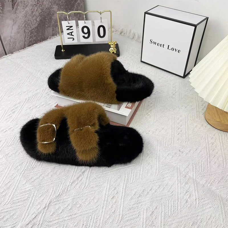 

Real Mink Fur Slippers European Station Ladies New Fashion Home Plush Slippers Flat Leisure Outdoor Sandals 2023