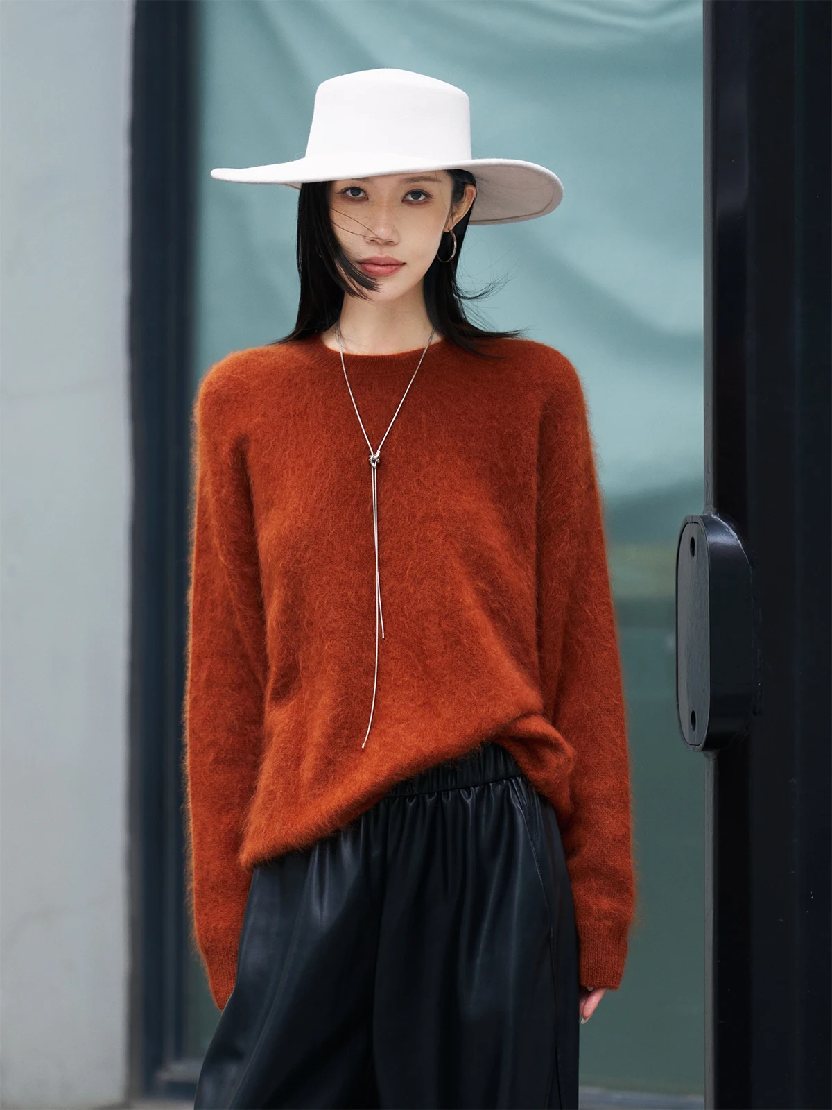 

Мягкий свитер свободного кроя с круглым вырезом от JXu, оранжево-красный, из шерстяного трикотажа, для женщин, осенне-зимняя коллекция