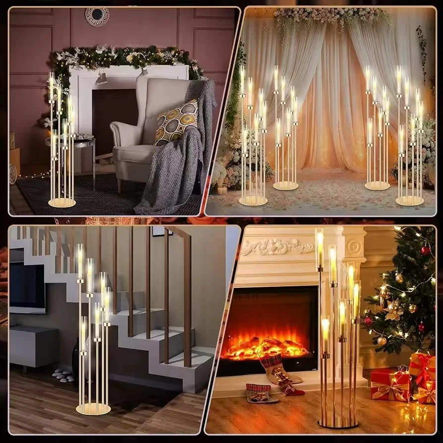 8 Sets 6-Arm Golden Floor Candelabra Wedding Centerpieces with 48 LED Candles 46'' Tall  Metal Candle Holder for Party