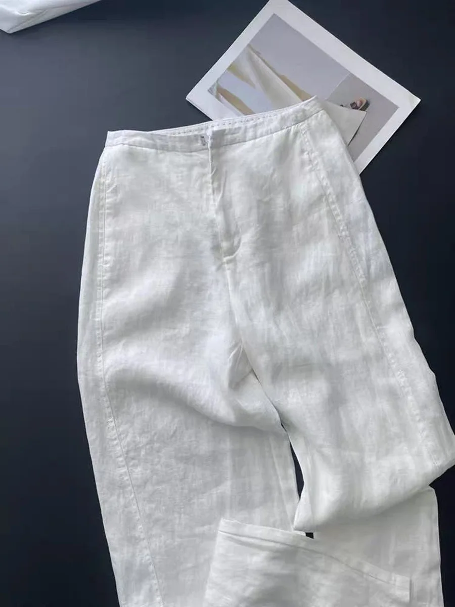 Elegant High Waist Cotton Linen Wide Leg Casual Pants Women's Summer New Style Drapey Commute Straight Cut Loose Fit Trousers