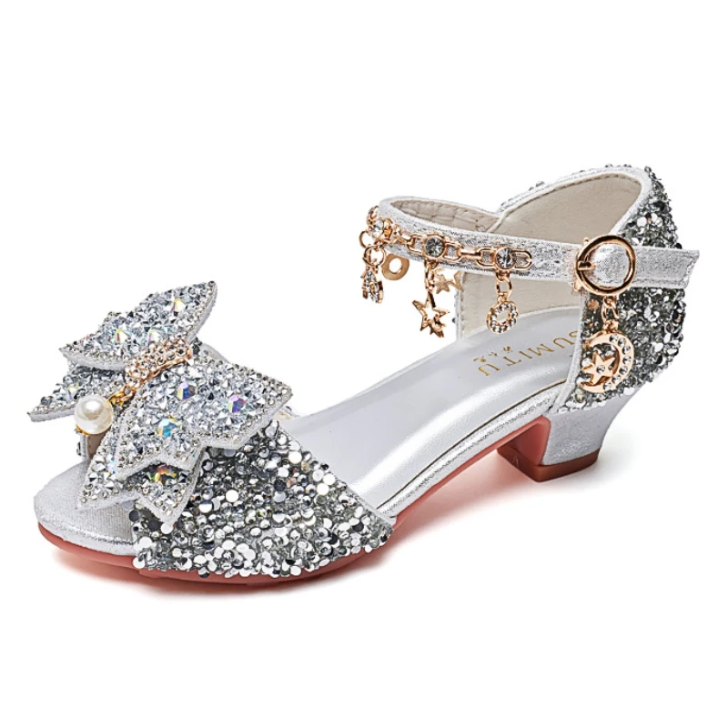 Summer New Children's Sandals Fashion Bow Girls Crystal Princess Shoes Student Kid's Performance High Heel Sandals 3-12T