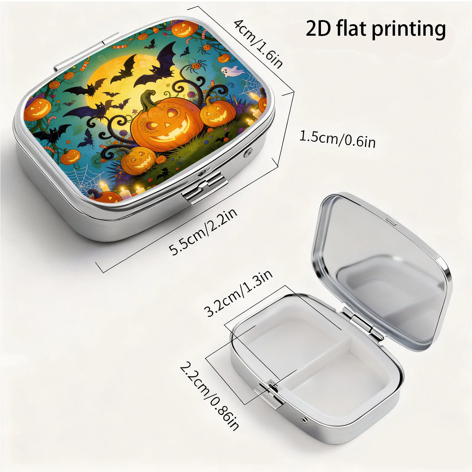 1Pc, Flat, Cartoon Halloween Pumpkin, Bat, Ghost, Spider, Full Moon Illustration Pattern, Square Two-Compartment Small Pill Box, Portable Medicine Storage, Small Jewelry Storage, Suitable for Handbags or Travel, Holiday Gifts, Souvenirs, Prizes, Small Gifts, Suitable for Personal Use or as an Exquisite Gift