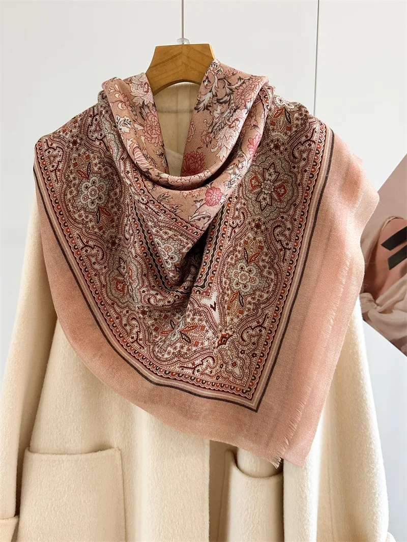 Women's 100% Wool Oversized Paisley Floral Blanket Scarf Shawl Soft Warm Bohemian Wrap Scarf Large Vintage Square Shawl