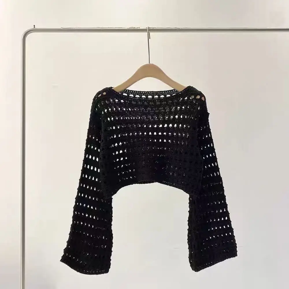 French Style Summer Knitted Sweater Women Hollow Out Cropped Long Sleeve Pullover Female Thin Casual Sun Protection Shirt Tops