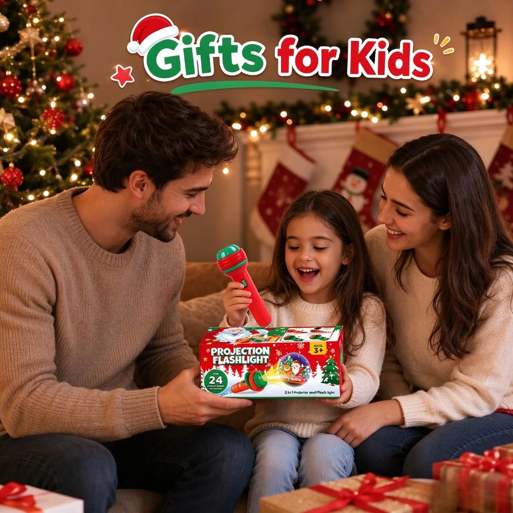 Children's Early Education Projection Flashlight, Baby Puzzle Toy, Santa Claus Glowing Pattern, Christmas Gift, Kids Flashlight