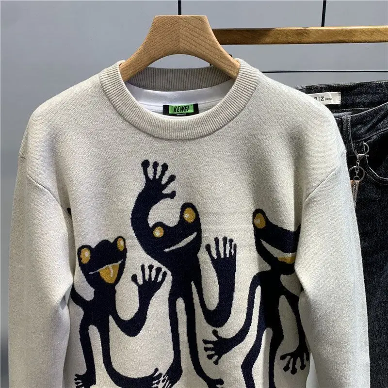 Personalized Cartoon Jacquard Round Neck Sweater Men Edition Trendy Autumn Winter Warm Knitted Sweater Pullover Top