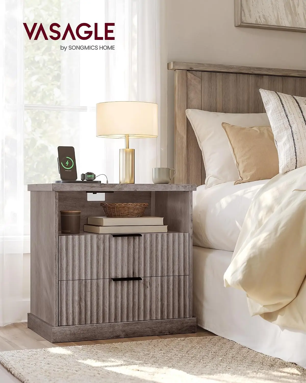 MAXE Collection - Set of 2 Nightstands with Charging Station, Fluted Night Stand, Bedside Table, Mid Century Modern Side End