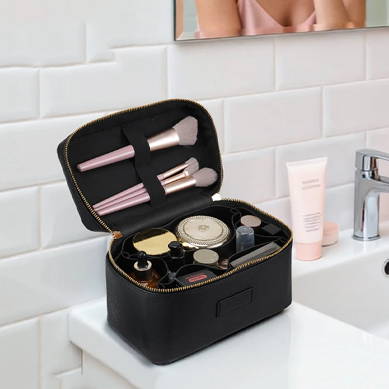PU-Handtaschen-Make-up-Etui mit großer Kapazität, doppeltem Reißverschluss, abnehmbaren Trennwänden, tragbarer Reise-Kosmetik-Organizer. – Detail 2
