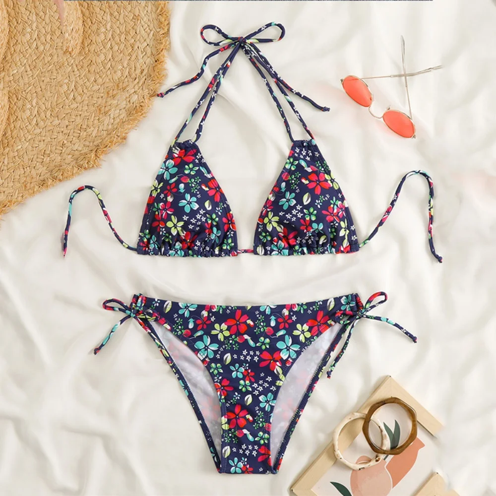 

Cute Floral Bikini Extrem String Swimsuit Halter Backless Push Up Vacation Swimwear Women Y2K Beach Tropical Brazil Bathing Suit