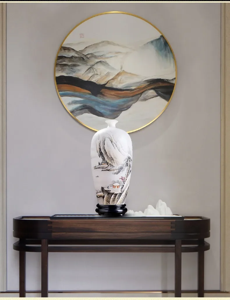 Ruixue Zhaofengnian hand-painted landscape suet jade porcelain Dahongfa bottle Chinese living room bogu frame vase