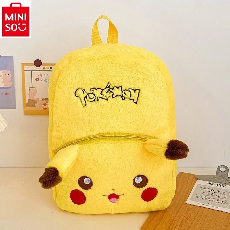 MINISO 2024 New Cartoon Anime Pikachu Plush Backpack Cute Sweet Large Capacity Multi functional Storage Children's Backpack