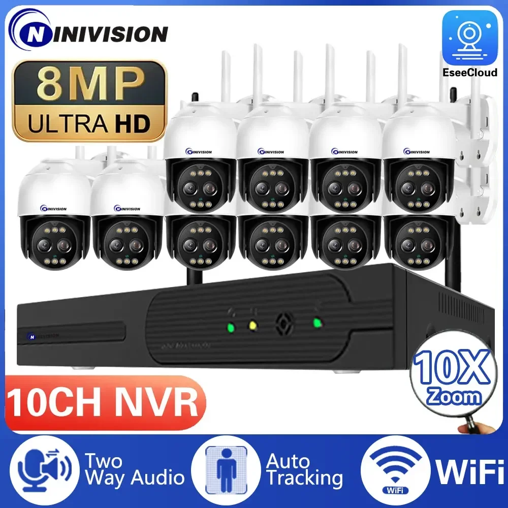 

8MP 10X PTZ Zoom Wireless CCTV System H.265 10CH NVR Set WIFI IP Camera Two-Way Audio,AI Human Detection Video Surveillance Kit