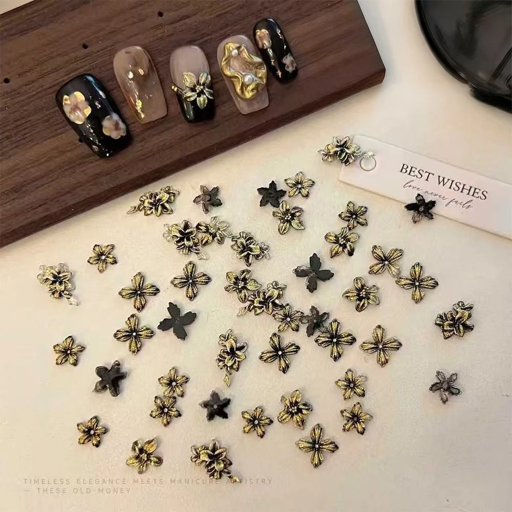 50pcs Black-Gold 3D Devil's Flower Soft Sculpted Nail Art Decorations High-gloss Old-money Retro, Gilded Flowers Nail Art Charms