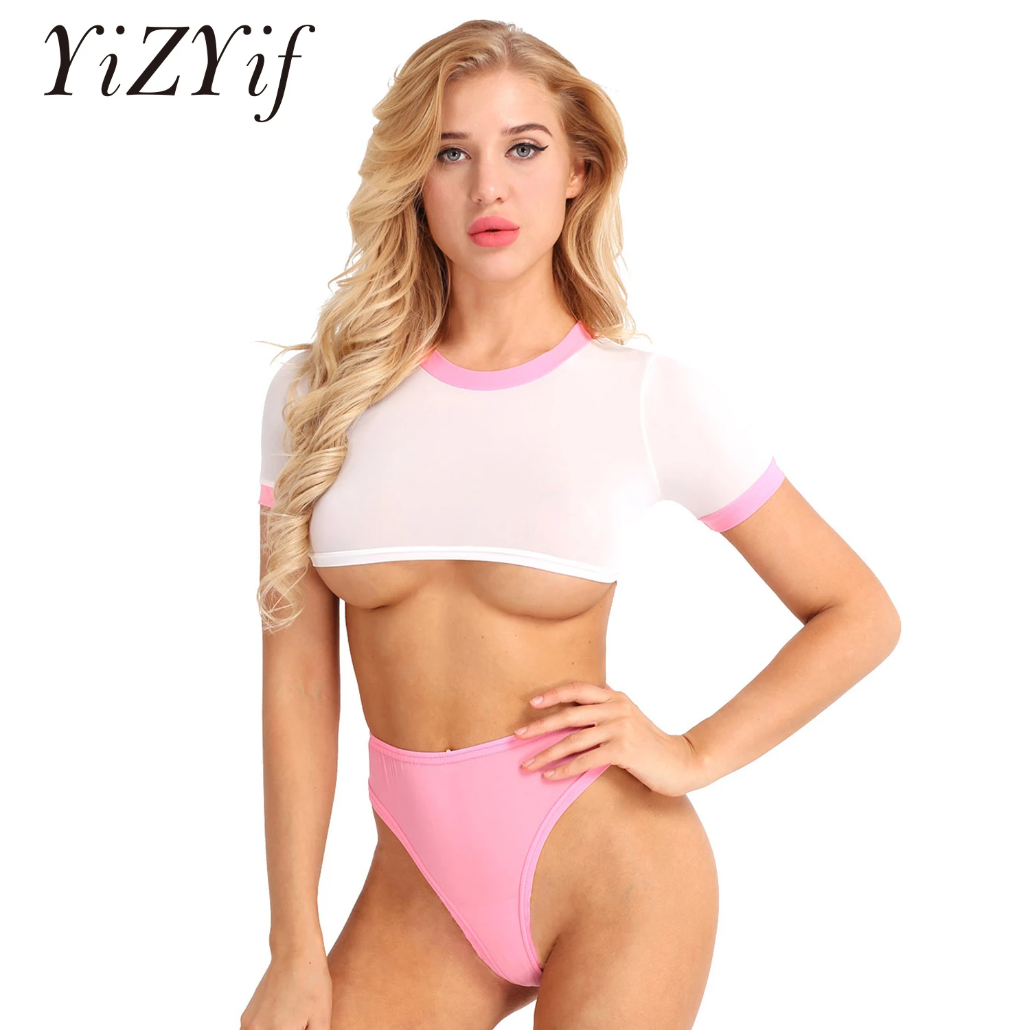 

2pc/Set School Girl Cheer Sexy Costumes Open Crotch Thong Halloween Women Lingerie Set Sexy Cosplay Crop Top Briefs Underwear