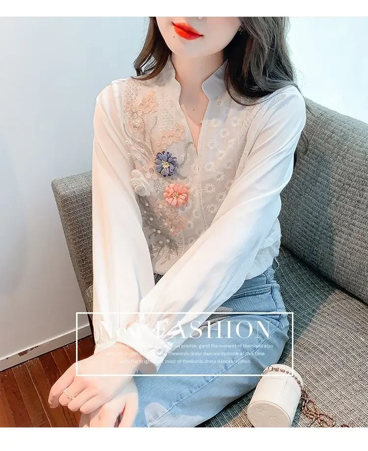 Fashion V-Neck Lace Slit Embroidery Beading Blouses Women\'s Clothing Autumn Oversized All-match Tops Office Lady Shirts X839