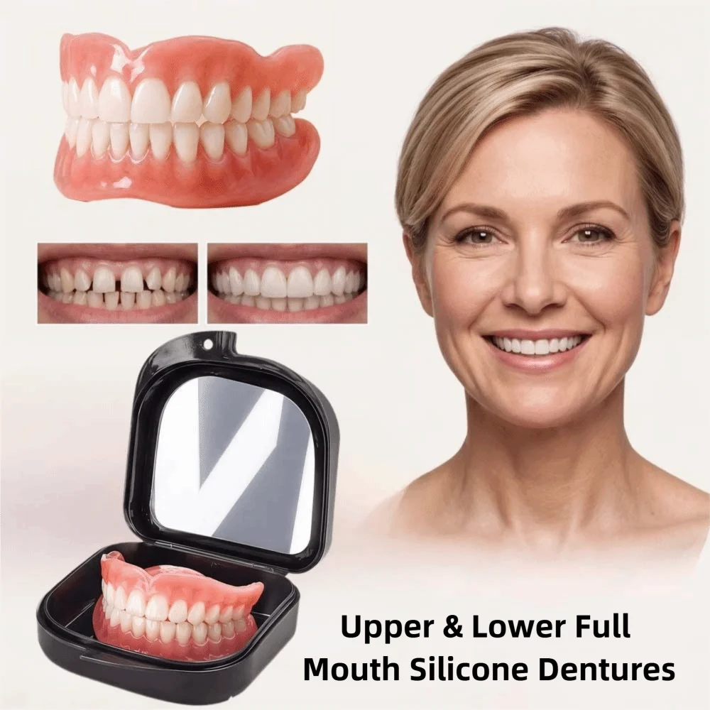 Soft Full Mouth Silicone Dentures Bright Smi Silicone Liners Upper and Lower Dentures Natural Easy To Use Realistic False Teeth