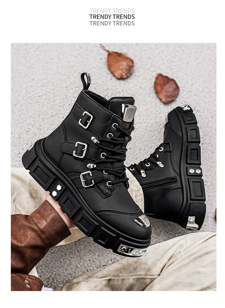 Herren-Streetwear-Stiefel in Uni-Farbe, High-Top, mit Metallschnalle, im Punk-Stil, Motorradstiefel – Detail 16