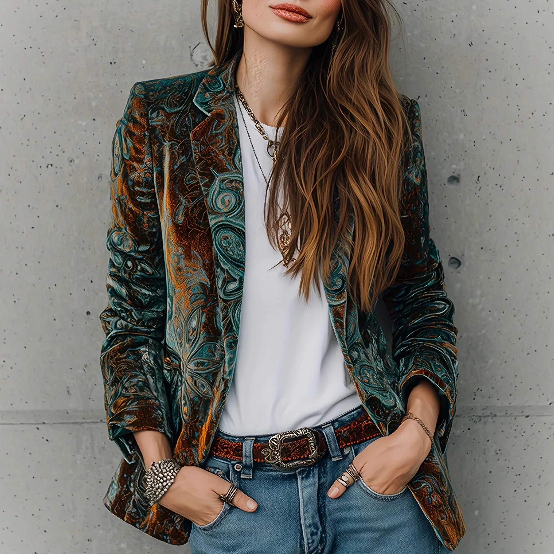 

Винтажный женский пиджак из бархата с узором аккорд, зимний роскошный повседневный костюмный жакет, свободный приталенный пиджак для работы, этнический стиль, 2026