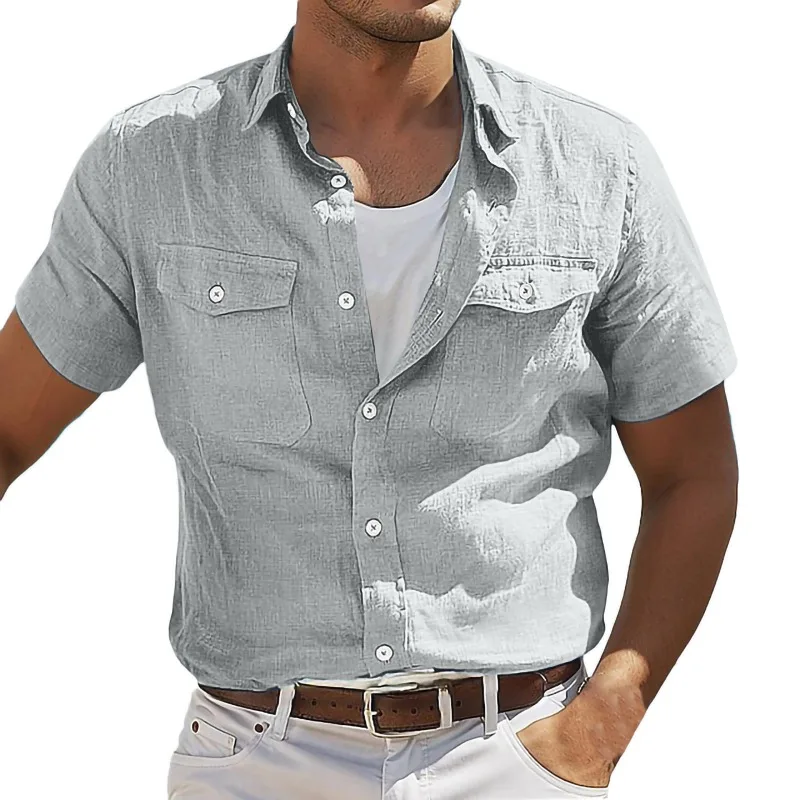 New 2025 Summer Men's Pure Cotton Casual Shirt with Multiple Pockets, Trendy Workwear Style Fashion