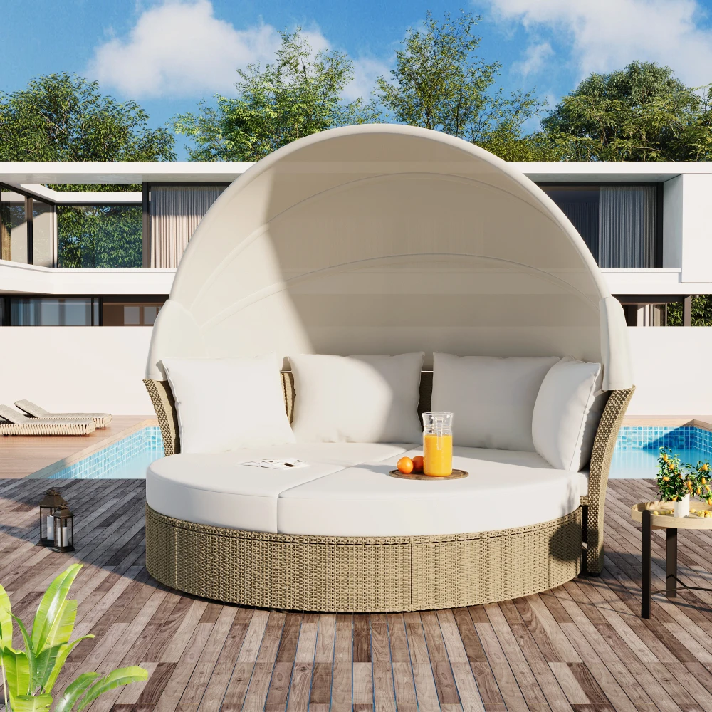 

Outdoor Patio Daybed Wicker Rattan Double Daybed Round Sofa Set with Retractable Canopy, 4 Pillows, Garden Furniture Sets