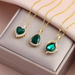 New Vintage Style Luxury Green Zircon Crystal Necklaces For Women Classics Female Daily Wear Stainless Steel Neck Chain Jewelry