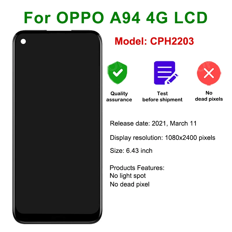 Incell Screen For OPPO A94 4G CPH2203 LCD Display Touch Sensor Digitizer Assembly A94 Pantalla Replacement Phone Repair Parts