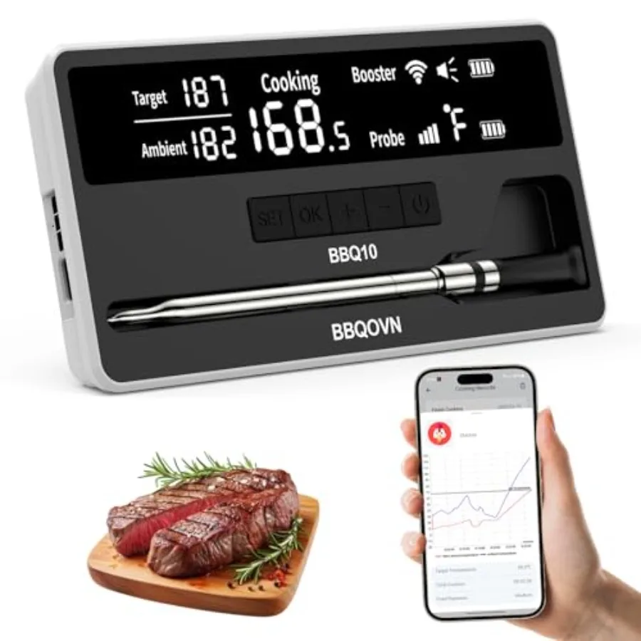 

Wireless Meat Thermometer WiFi Unlimited Range Sub-1G Smart BBQ Thermometer with 7 NIST-Certified Sensors IP68 Waterproof Large