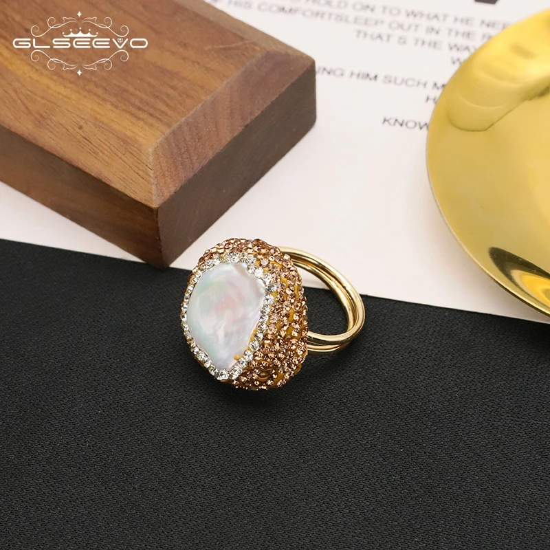 

GLSEEVO Natural Baroque Shaped Pearl Ladies Ring Elegant Beautiful Personality Fashion Luxury Banquet Ball Girls Jewelry Gift