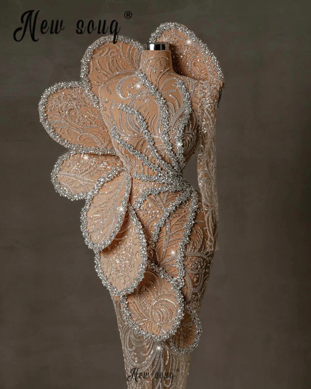 Champagnerblatt-Abendkleid, luxuriöses, hochgeschlossenes, formelles Hochzeits-Party-Kleid,