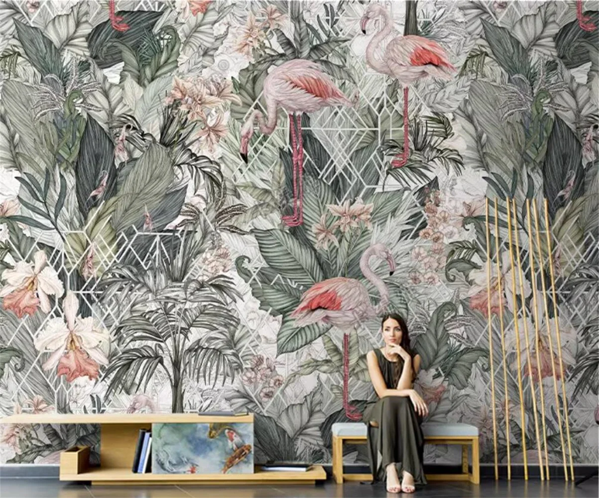 

Customized mural American 3d wallpaper flamingo plant background wall restaurant mural high-end artist's bedroom