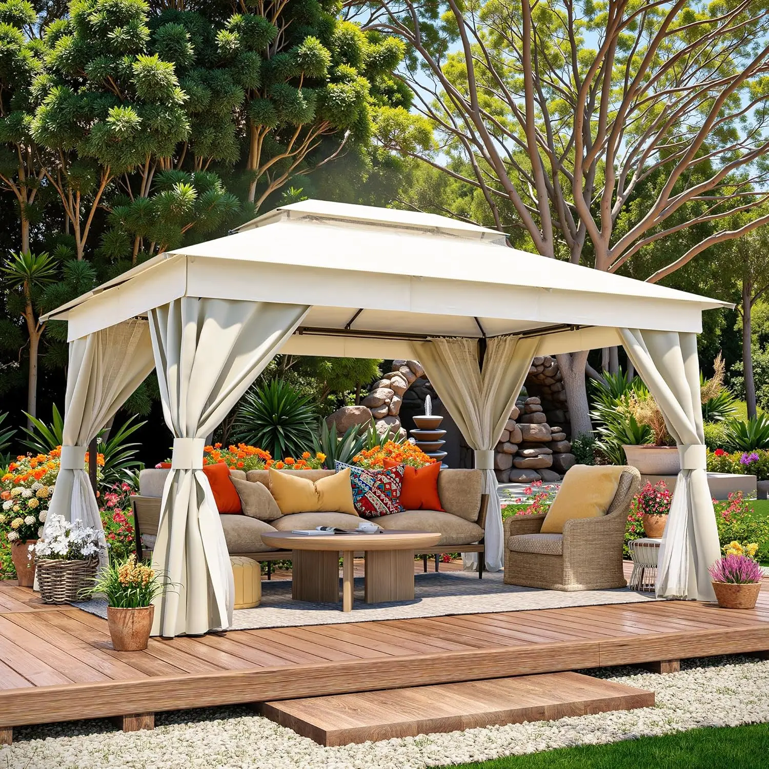 

Semi Permanent Patio Gazebo 10'x13' with Expansion Bolts Outdoor Heavy Duty Party Tent with Double Roofs Mosquito Nettings and P