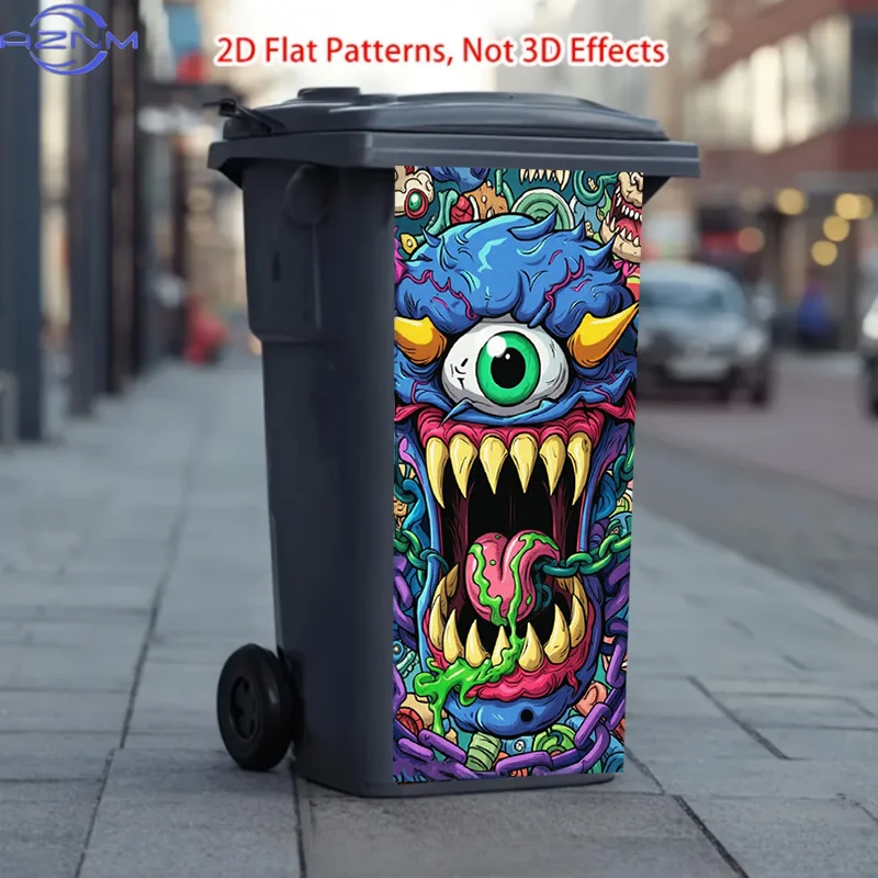 Sticker for Trash Can, 1pc, 37*82cm, One-Eyed Fanged Tongue-Out Monster Pattern Design, Self-Adhesive Wallpaper, Suitable for