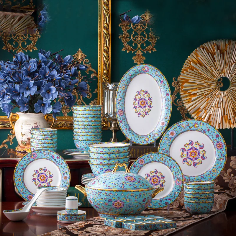 

Jingdezhen bowl and dish set palace bowl enamel color ceramic tableware set bone tableware set plate combination