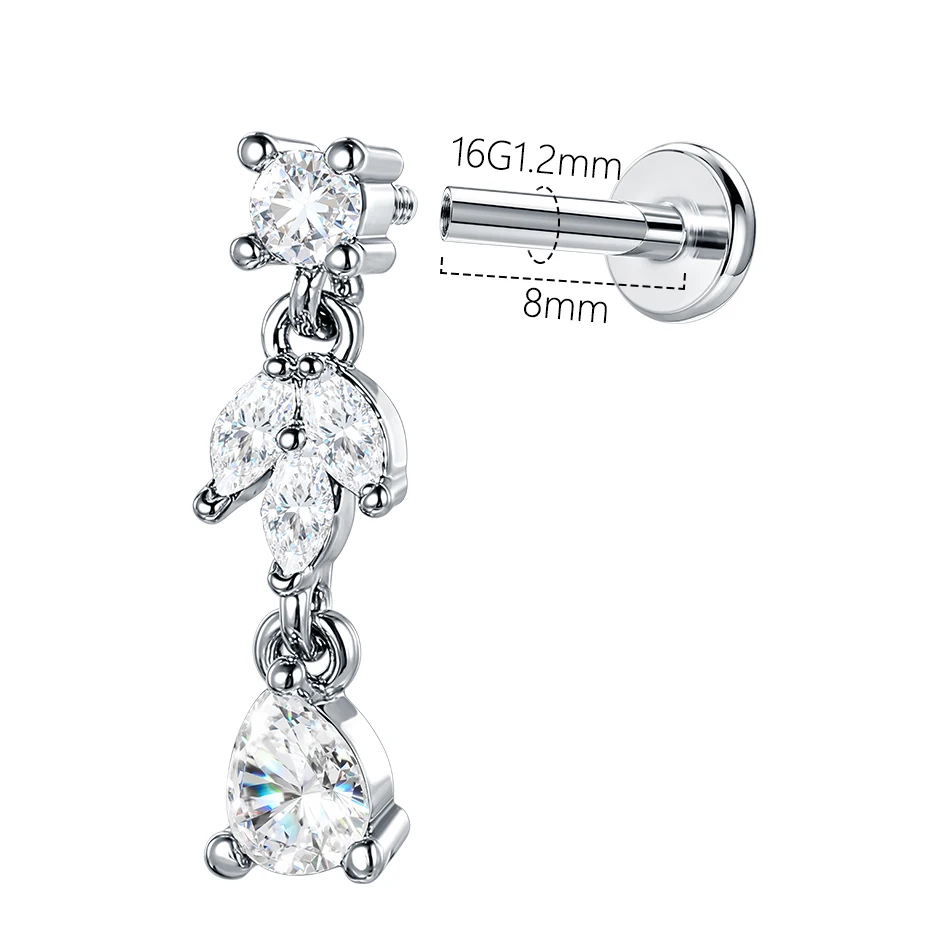 1/5PCS Steel & Copper 16G Dangle Tassel Chain Ear Studs Waterdrop CZ Tragus Cartilage Flatback Labret Helix Piercing Jewelry