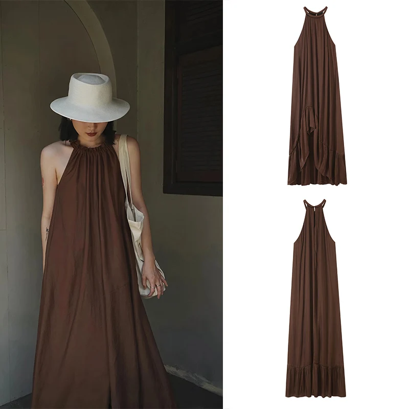 Guobioziy Women's Midi Dress 2026 Summer Collection Brown Pleated Design French Casual Fashion with a Light Luxury Style