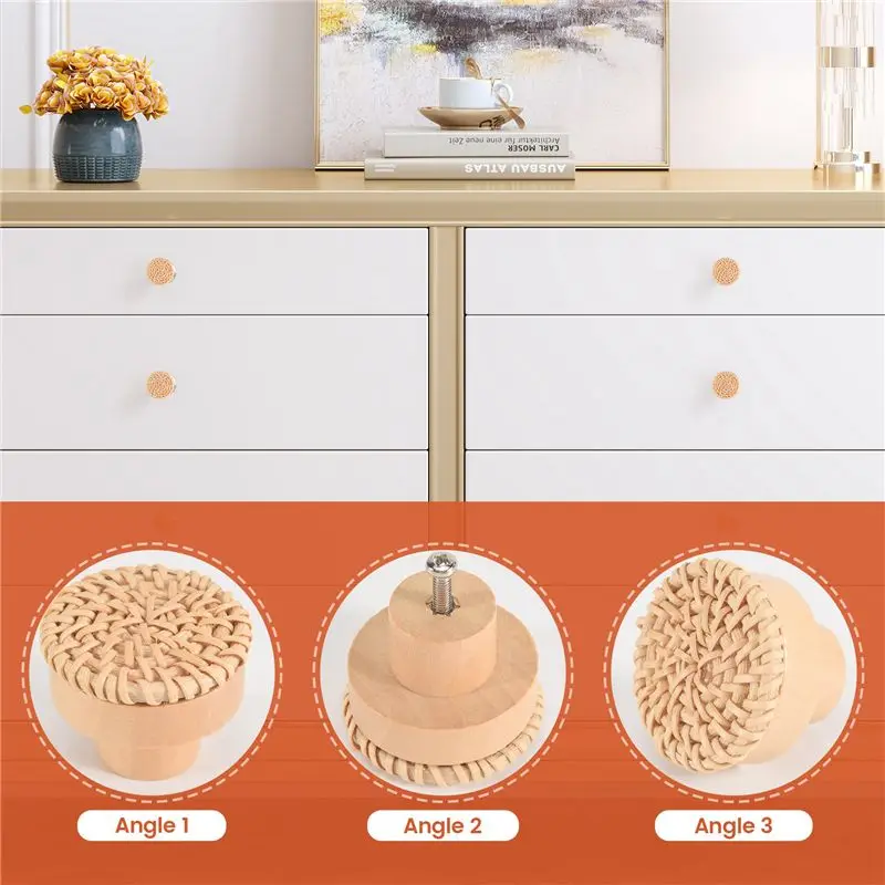 ABKW-24Pcs Boho Rattan Dresser Knobs Round Wooden Drawer Knobs Cabinets Dresser Handles Hardware Pulls Cabinet Knobs