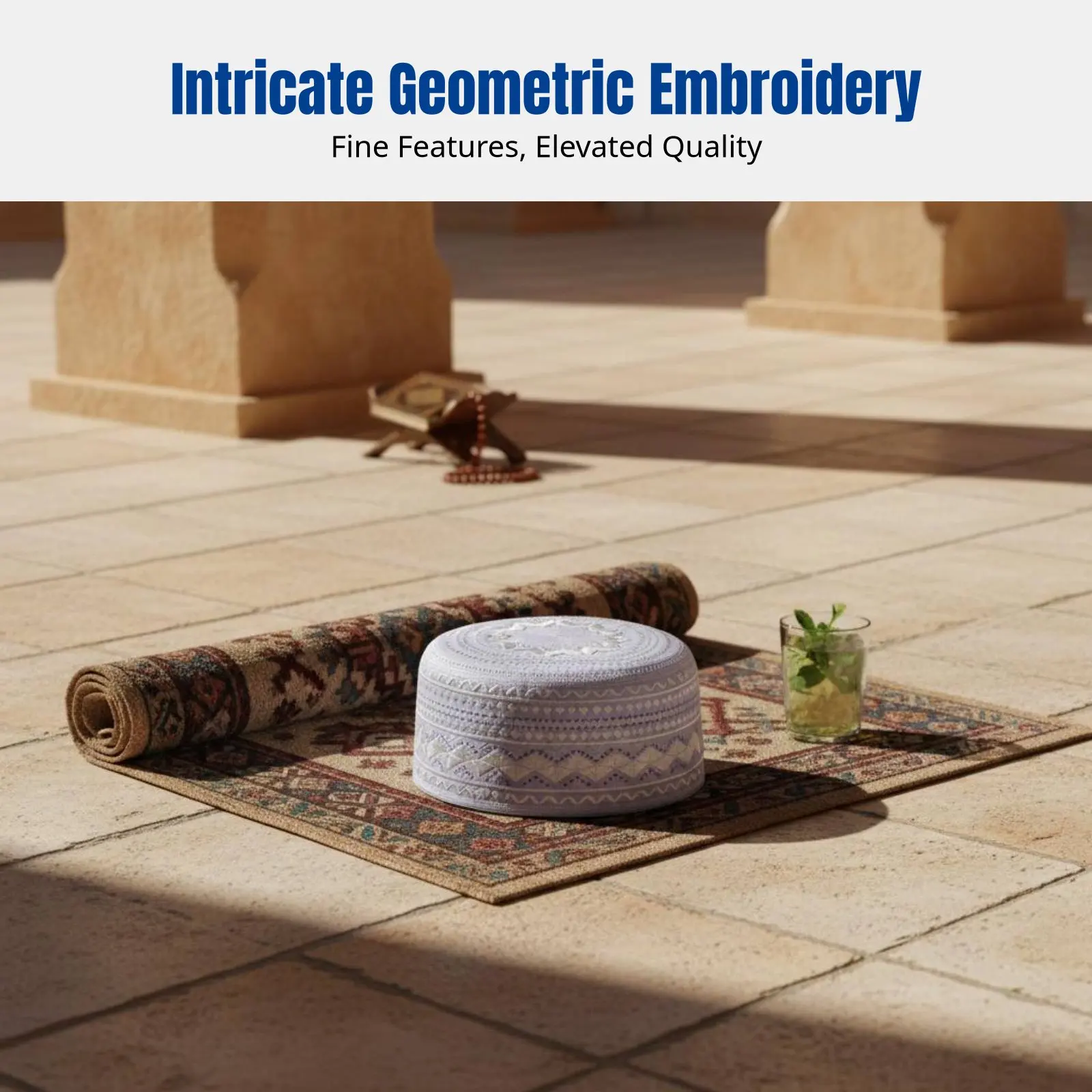 

Flat Top Muslim Prayer Cap for Men, Summer Mesh, Geometric Embroidery, Breathable, Foldable