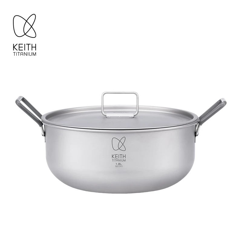 KEITH 1.8L Pure Titanium Cooking Pot Portable Camping Soup Pot with Storage Bag Foldable Handle for Home Outdoor