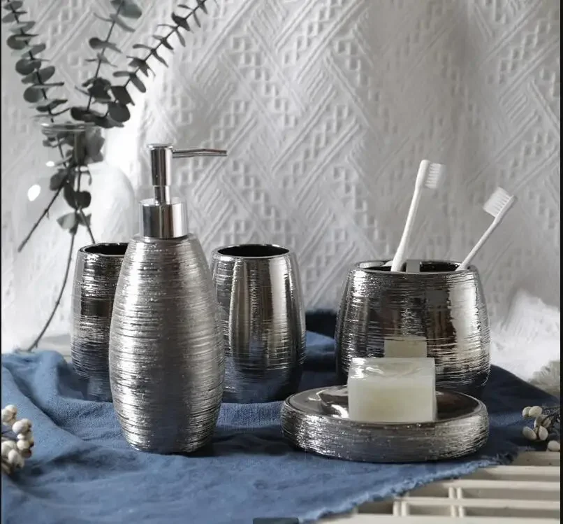 

Ceramic Bathroom Supplies Wash Cup Set 5-piece Home Toiletries Lotion Bottle Toothbrush Holder Mouth Soap Dish