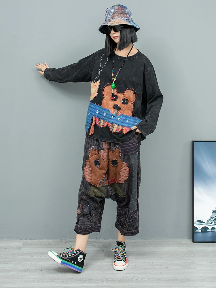 Heavy Industry Patch Retro Distressed Round Neck Long Sleeve Sweatshirt Baggy Pants Two-piece Set Women's Autumn Cartoon Suit