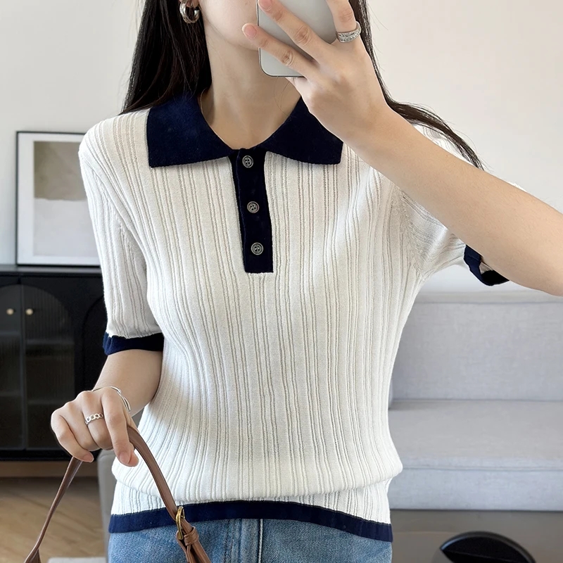 100 Cotton Womens Summer Casual Loose Short Sleeve Knitted Pullover Splicing Pure Tees Vest Tops Women's T-Shirts and Polos Tops