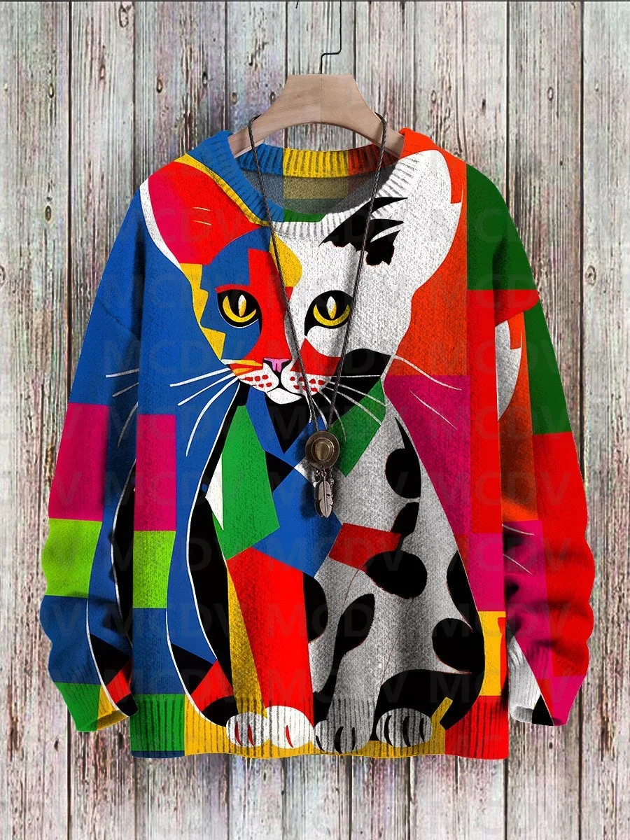 Abstract Art Cat Multicolor Print Casual Pullover Knit Sweater Women For Men Sweater