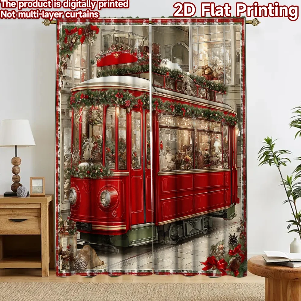 2D flat 2pcs Curtain Home Short Curtains Christmas Red Trolley Digitally printed polyester Party Decorations Perfect for Yard &
